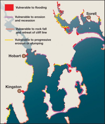 A 2005 study of Tasmania's vulnerability to sea level rise found that even modest projections would have an impact virtually everywhere around Tasmania's coast (SOURCE: Chris Sharples (2006): Indicative Mapping of Tasmanian Coastal Vulnerability to Climate Change and Sea-Level Rise – Report to Tasmanian Department of Primary Industries & Water (2nd edition), May 2006)