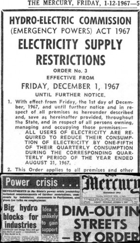 POWER RATIONING, 1967-STYLE: The executive order that began power rationing in Tasmania (above) and a page-1 report in <em>The Mercury</em> of the crisis that precipitated the order.