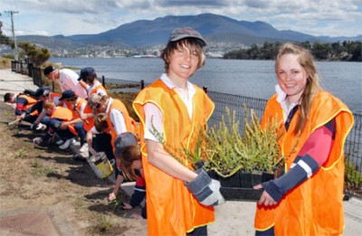 MacKillop College students at work to revegetate the Bellerive foreshore using hardy, low-maintenance native plants.