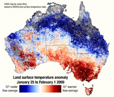 Southern Australia's extra hot weather leading up to the bushfires and cooler-than-average conditions in the north are graphically shown in this satellite-data map.