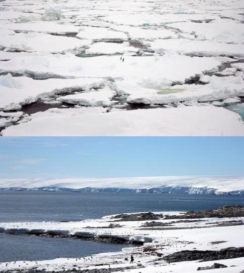 TOP – SEA ICE: Sea ice cover in the Southern Ocean is calculated to have increased slightly in recent years. BOTTOM – LAND ICE: Scientists are concerned that where West Antarctica’s land ice meets a warming ocean, it could melt from the edges toward the centre, destablising the whole ice sheet.