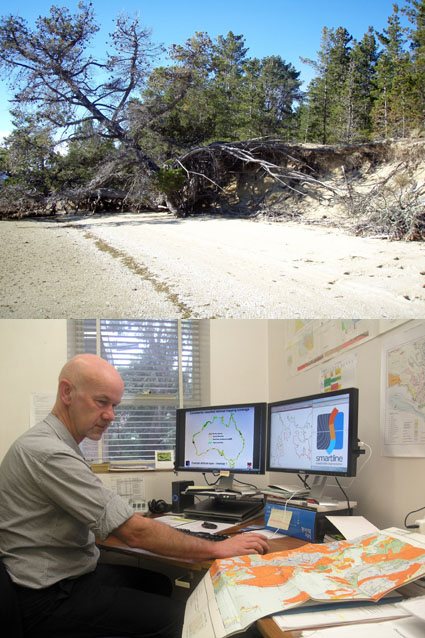 <em>TOP:</em> Slowly rising sea levels combined with wave and tidal impacts to cause this recent coastal erosion at Pittwater, near Seven Mile Beach. <em>BOTTOM:</em> Chris Sharples at work on his national coastal mapping project.