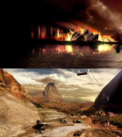 Sydney ablaze (above) and a snowless European Alps: future climate visions from the UK film, “The Age of Stupid”
