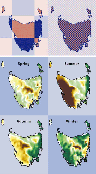 TOP: The grid resolution of the global model (left) compared to that of the new Climate Futures models. BOTTOM:How Climate Futures modelling envisages changes in seasonal mean rainfall from now until the end of the century. Dark brown indicates a severe drying trend; dark green the opposite.