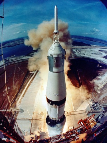 The Saturn V rocket carrying the Apollo 11 astronauts as it prepares to lift off at the start of the successful 1969 Apollo 11 mission, in which astronauts landed on the Moon for the time. PHOTO NASA