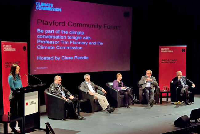 Clare Peddie (at podium) hosts Climate Commissioners (l to r) Tim Flannery, Will Steffen, Susannah Eliott, Gerry Hueston and Roger Beale in an Adelaide forum in June