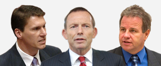 South Australian Senator Cory Bernardi (L) and Western Australian MP Dennis Jensen (R) with Tony Abbott (Composite image)