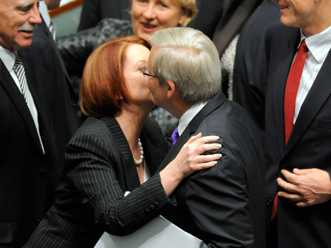 Julia Gillard and Kevin Rudd seal the victory with a kiss. PHOTO SBS