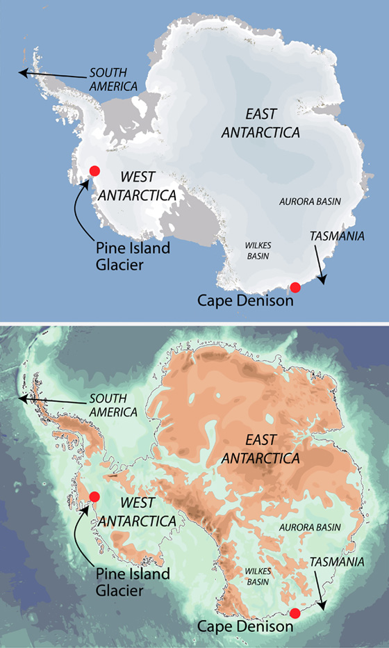 Antarctica with (top) and without its great ice sheet, showing the large areas of the continent where ice is in direct contact with seawater.