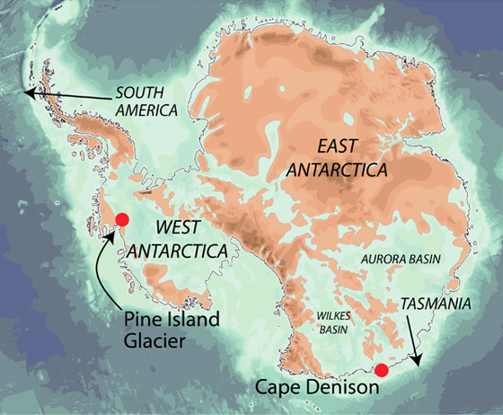 Antarctica as it would be without its ice, showing the vulnerability of West Antarctica and part of East Antarctica to warming seawater.