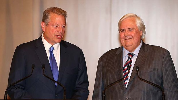 Clive Palmer beams alongside former US Vice President Al Gore during their joint press conference in the Great Hall of Parliament House, Canberra. PHOTO ALEX ELLINGHAUSEN-SMH