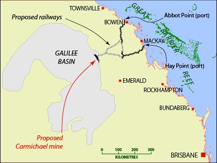 Location of Galilee Basin, Carmichael mining lease, and proposed railway and port facilities. MAP BY SOUTHWIND