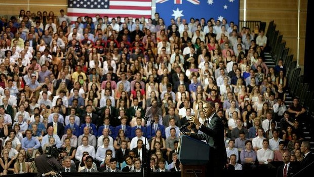 “As we focus on our economy we cannot forget the need to lead on the global fight against climate change”: Barak Obama speaking at the University of Queensland in a speech in which he announced a US pledge of $3 billion to a Green Climate Fund to help developing countries deal with climate change. PHOTO ALEX ELLINGHAUSEN