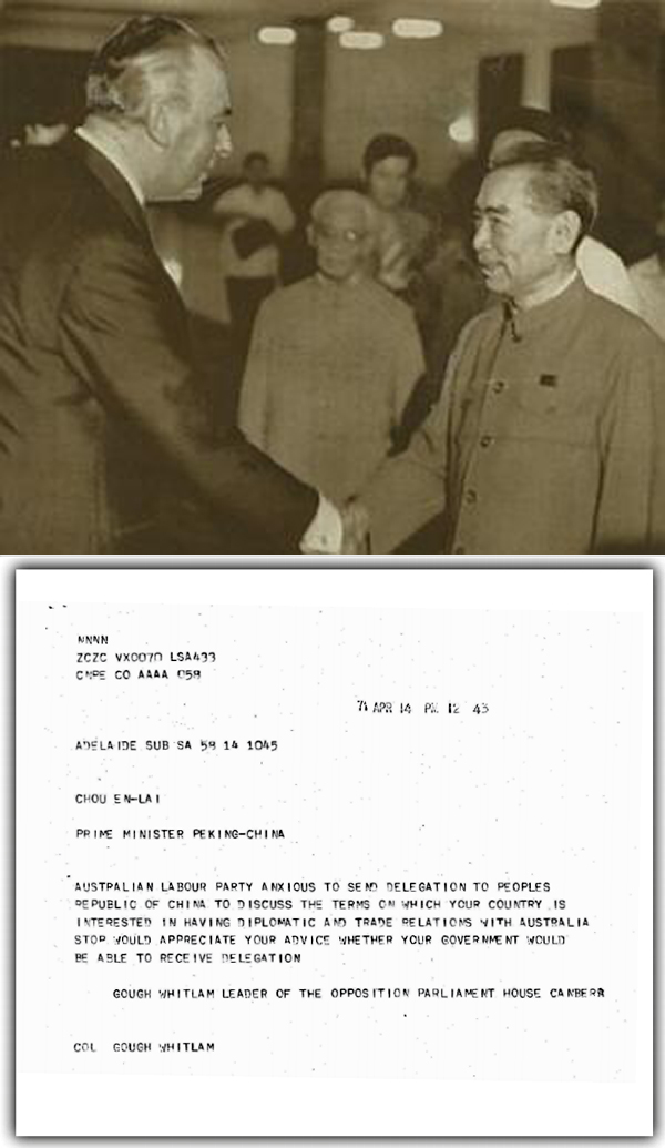Gough Whitlam meets with Zhou Enlai, Premier of China, in Beijing, July 1971. BELOW: The telegram that started it all [WHITLAM INSTITUTE, SYDNEY]