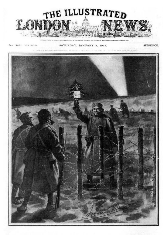 News of the Christmas truce took two weeks to reach the popular media such as The Illustrated London News. The original caption of this picture read: “The Light of Peace in the trenches on Christmas Eve: A German soldier opens the spontaneous truce by approaching the British lines with a small Christmas tree.”