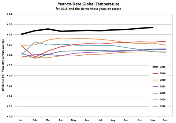 NOAA’s graph showing year-to-date data for 2015 (black line) against current warmest years on record.
