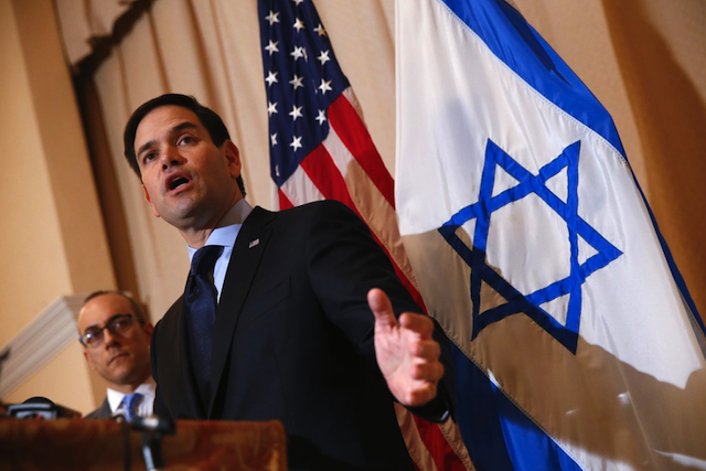 Senator Marco Rubio speaks at a Jewish temple in Palm Beach, Florida, on 11 March 2016. PHOTO AP/Paul Sancya via ThinkProgress.org