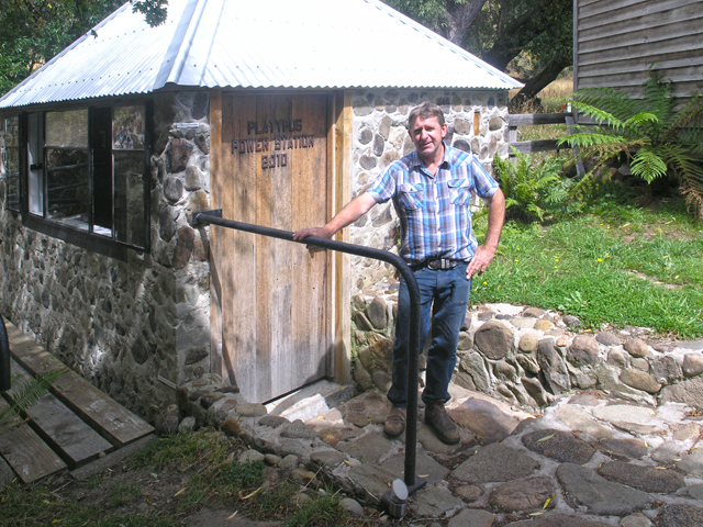 Nigel Tomlin at his "Platypus Power Station", a river-run hydro station he built at Ellendale.