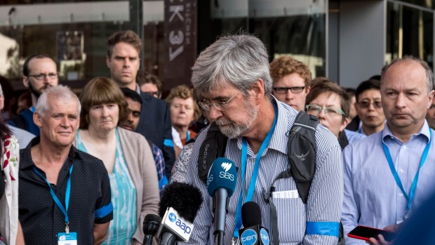 John Church speaks to media in Melbourne during a February protest against CSIRO climate science cuts. PHOTO Penny Stephens, Fairfax Media