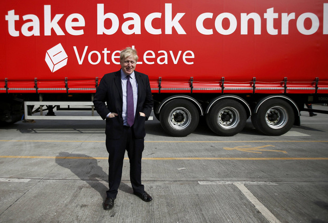 Boris Johnson and the “Leave” campaign bus, when it all seemed so simple. PHOTO Reuters/Peter Nicholls