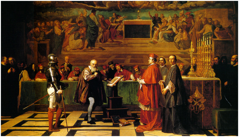 Galileo’s appearance before the Roman Inquisition is depicted in this 1847 painting, “Galileo before the Holy Office”, by Joseph-Nicolas Robert-Fleury (Musée du Luxembourg)