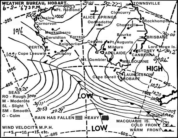 The map issued by the Hobart Weather Bureau the day before the 1967 fires showed barely a hint of the devastating weather to come.