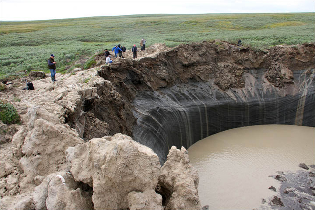 A crater left by an exploding methane bubble in northwest Siberia. Photo Siberian Times