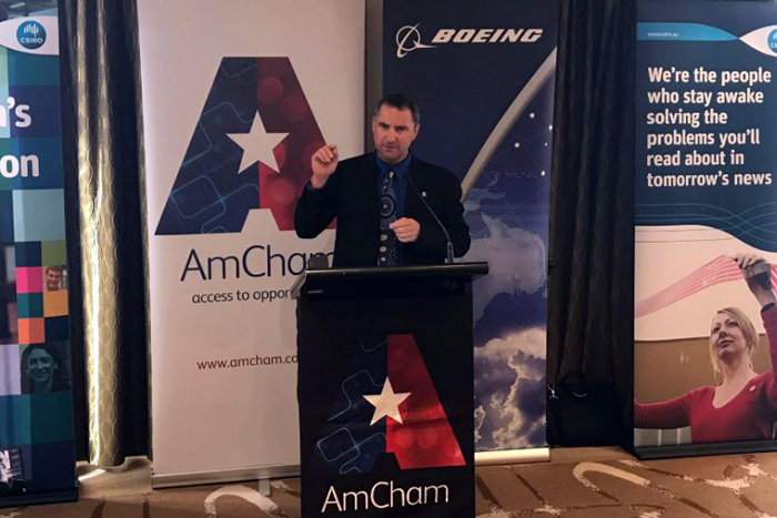 Larry Marshall speaking to an American Chamber of Commerce gathering in Sydney, 28 April 2016. PHOTO AmCham