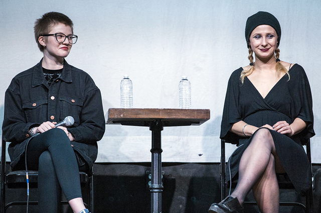 Pussy Riot members Sasha Bogino (left) and co-founder Masha Alyokhina at a panel discussion in Los Angeles ahead of their visit to Australia. PHOTO Carl Pocket, Spaceland Presents