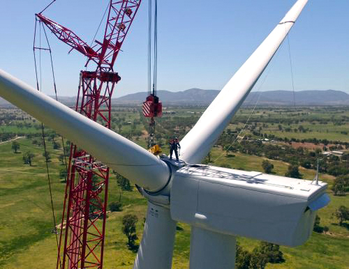 Assembling a wind turbine. PHOTO Ararat Wind Farm, Victoria