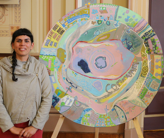 Hobart artist Selena De Carvalho with artwork produced by students at Lansdowne Crescent Primary School. PHOTO Hobart City