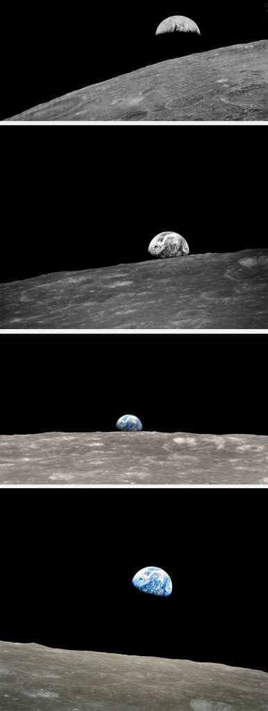 Four Earthrises (from top): Lunar Orbiter, 23 August 1966; Anders’s Photo 1, Apollo 8, 24 December 1968; NASA’s colour enhancement of AP1; Anders’s iconic colour image, 24 December 1968. PHOTOS NASA